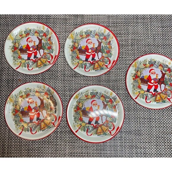 Vintage set of 5 Christmas Metal Coasters with Santa and Sleigh - Picture 1 of 12